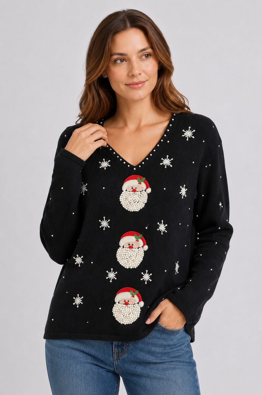 Vintage Mandal Bay Ugly Christmas Sweater Santa Womens XL Black Knit Long Sleeve